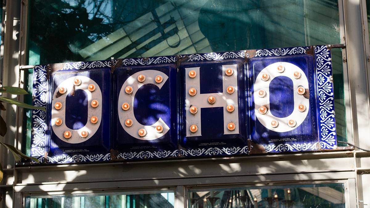 exterior view of sign in ocho restaurant in san antonio texas